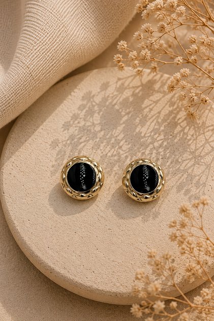 Nova Yellow Color Steel Nail Earrings Black Detailed Round Women's Earrings
