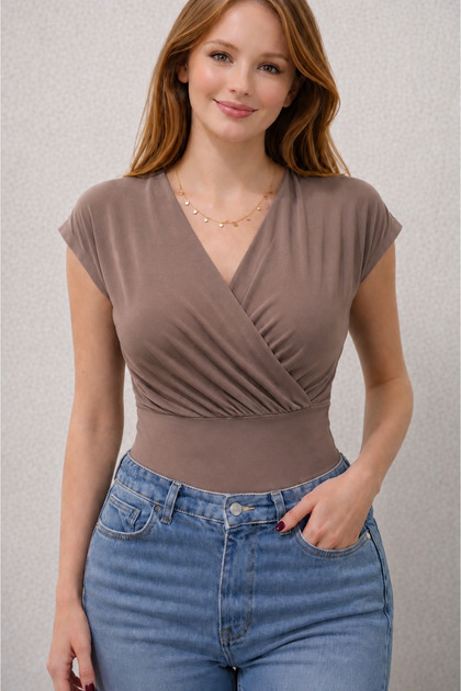 Women's Double Breasted Collar Draped Short Sleeve V-Neck Stretch Fabric Casual Stylish Blouse 202
