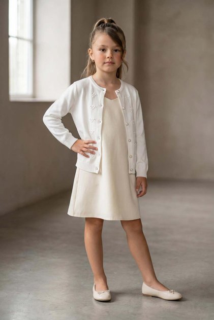 Cardigan alb cu model Triunghi Tap pentru fete, 5-9 ani