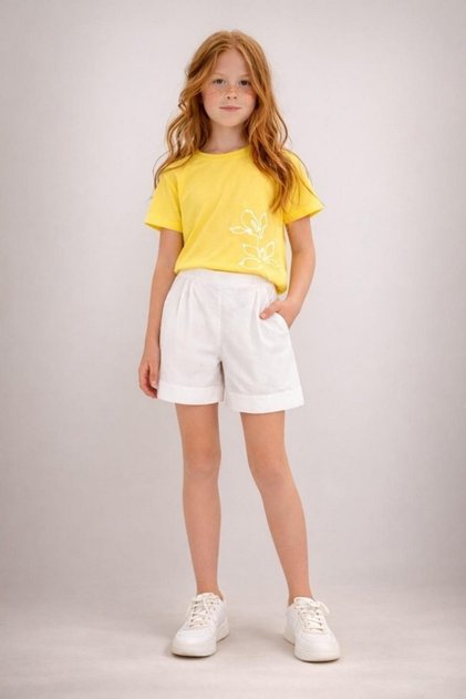 Girl's 8-14 Years Old Pleated Woven Linen Fabric Shorts Ecru