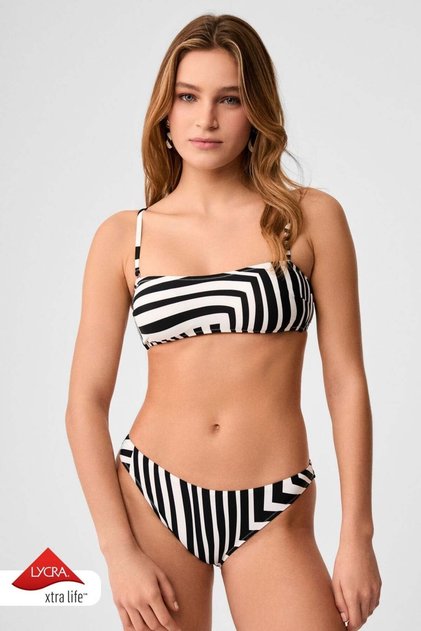 Frunze Çizgi Desen Straplez Bikini Siyah