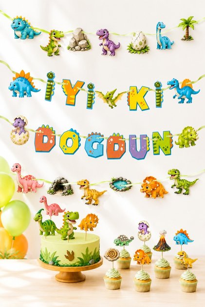 Dinosaur Themed Birthday Party Set, Happy Birthday Banner, Cupcake and Cake Decoration Happy Birthday