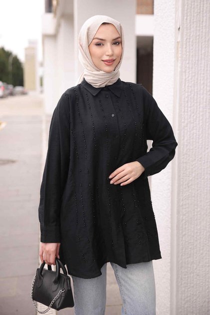 Black Beaded Embroidered Shirt