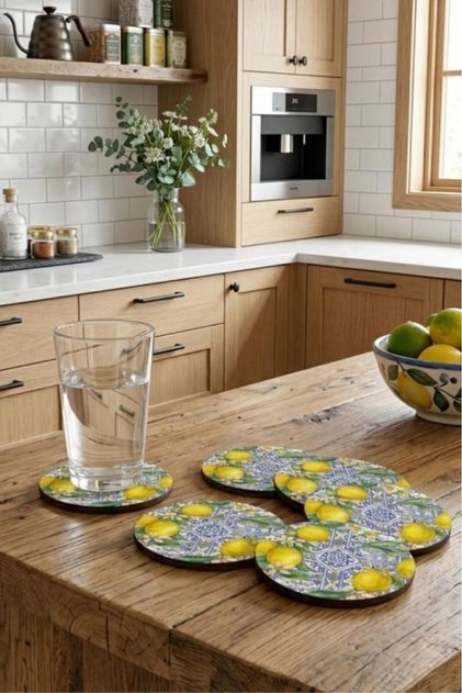 Sicily Series Lemon Patterned Coasters Set of 6 – Uv Printing, 3 mm Mdf Decorative Coasters