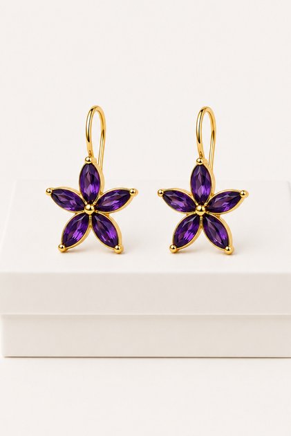 Colorful Zircon Stone Lotus Flower Earrings | Gold Color Flower Figured Dangle Women's Earrings