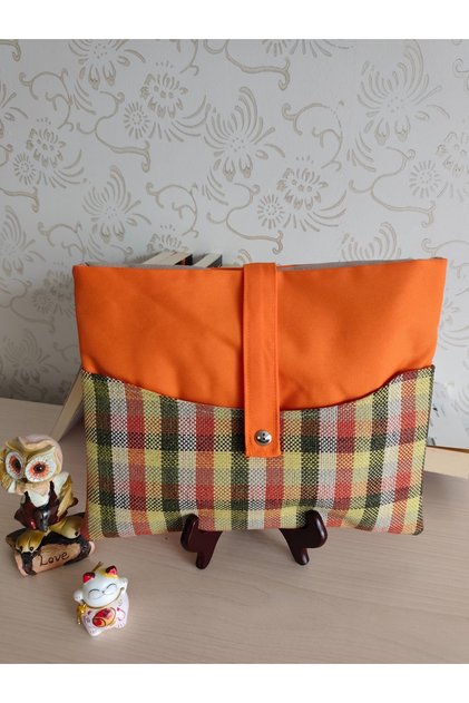Orange Plaid Detailed Water-Repellent Book and Tablet Case - Multi-Purpose Organizer Bag with Linen Pocket