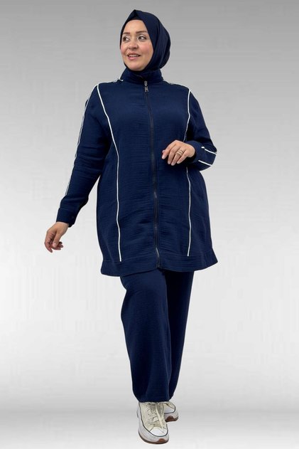 67011 Plus Size Ribbed Muslin Trouser Suit - Navy Blue