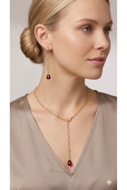 Heart Chain Steel Pomegranate Necklace Earring Jewelry Set - Special Design Blessings Set with Gold Color Pomegranate Endpieces