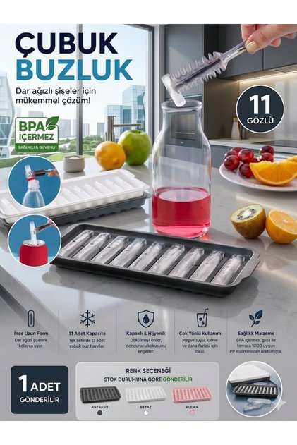 Practical Lid-Attached Stick Ice Mold - 11-Compartment Thin Long Bottle and Can Beverage Compatible Bpa-Free Flask Ice Container
