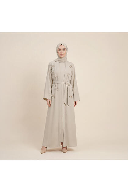Abaya Rose Floral Dress with Appliqué Belted Long Sleeves 9618-26 - Beige