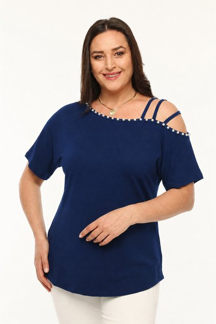 Plus Size Pearl Embellished Asymmetric 3-Strap Piping Short Sleeve Blouse