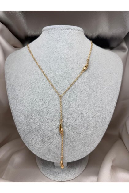 Gold Color Drop Detailed Y Necklace Minimalist Long Chain Women's Necklace