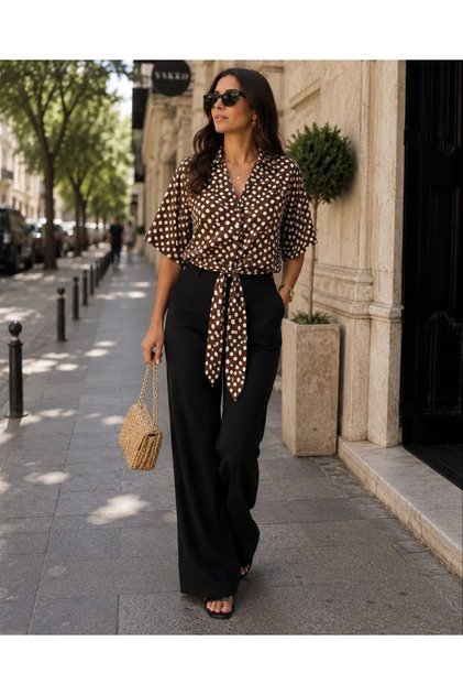 Women's Polka Dot Patterned Front Tie Detailed Turn-Down Collar Short Sleeve Retro Shirt