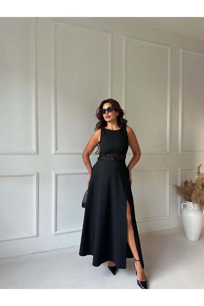 Women's Lace Detailed Flared Off-The-Shoulder Slit Crepe Dress