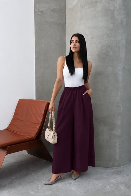 Filamlı Linen Skirted Trousers 8826 Plum