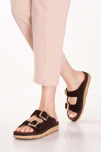 Genuine Leather Heel Spur Special Soft Sole Buckle Women's Slippers