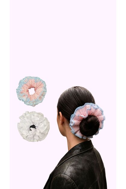 Set of 2 Voluminous Lettuce Edge Scrunchies – Baby Blue Overlocked Polka Dot Pink & White Bun Hair Clips