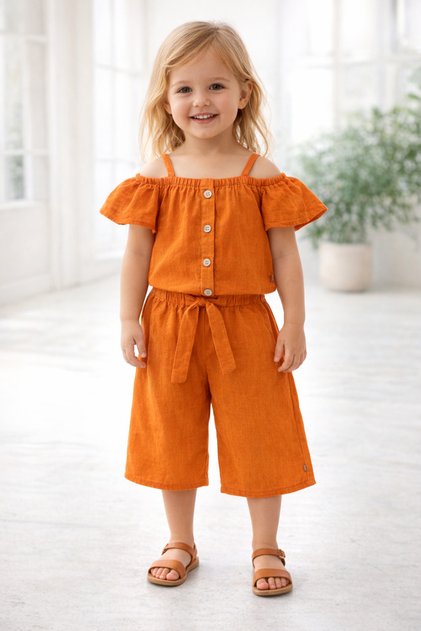 Girl's Cotton Off-Shoulder Capri Buttoned Summer Top and Bottom Set