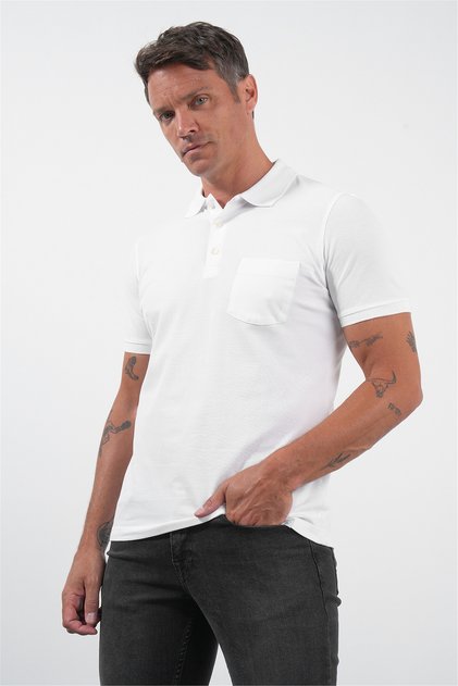 White Polo Collar Short Sleeve Pocket Comfort Fit Cotton T-Shirt 1011260155