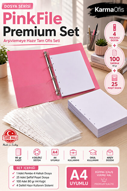 ファイルごと送ります。　KAYOUまとめ売り KarmaOfis Pembe 4 Halkalı Dosya Seti A4 – 25 Adet Poşet Dosya +
