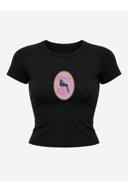 Women's Short-Sleeved Crew Neck Cat Print Crop T-Smallhirt