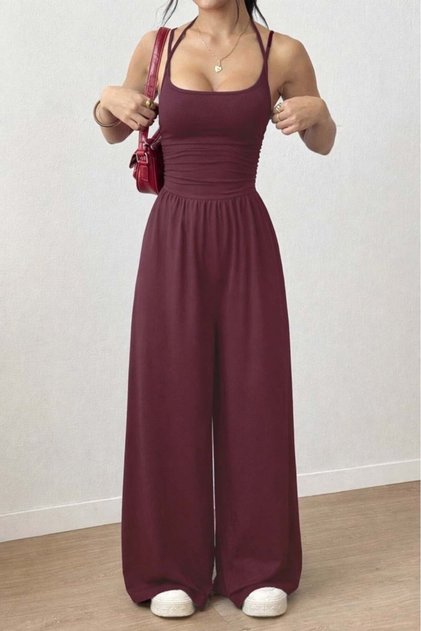 Women's Strappy Round Neck Long Viscose Jumpsuit