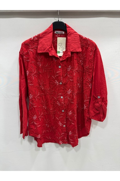 Women's Red Italian Floral Embroidered Foldable Long Sleeve Oversize Shirt Size 42 - 46
