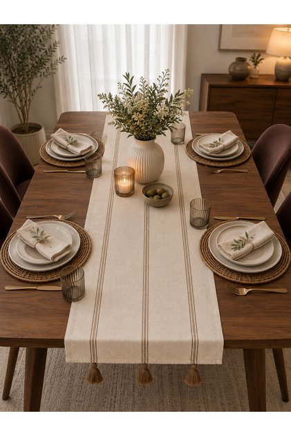 100% Cotton Buldan Handmade Luxury Linen Table Runner (Coffee Striped - 40X140Cm)