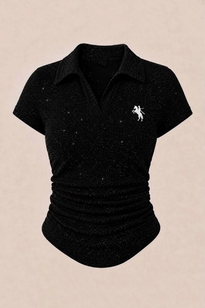 Plus Size Sim Detailed Polo Collar Gathered Blouse