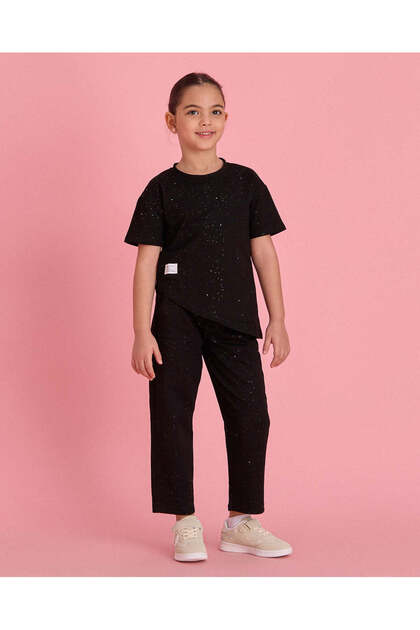 Girls Black Studded T Shirt And Trouser Set