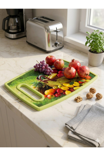 Meyve Desenli Pratik Kesme Tahtası Kaymaz Plastik Mutfak Yemek Hazırlık Doğrama Sunum Bloğu Saplı 30X20 Cm