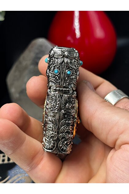 Turan Lighter Chief Antik Kabartmalı Turkuaz Taşlı Benzinli