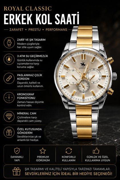 Royal Classic Chronograph Erkek Kol Saati Gold Gümüş Çelik Kordon Şampanya Kadran Takvimli Analog Saat