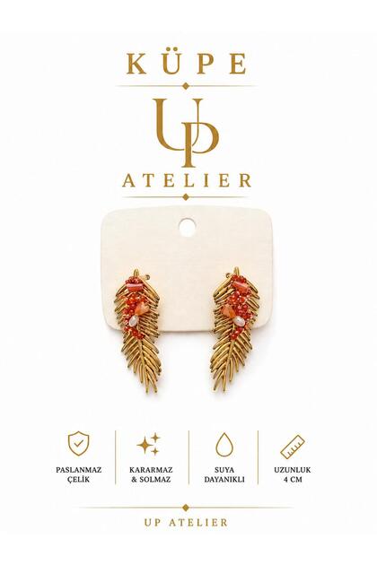 Special Design Pink Stone Gold Feather Earrings