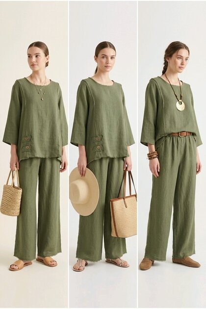 Women's 100% Linen Shalwar Set - Loose Blouse and Pants Set with Button Detail