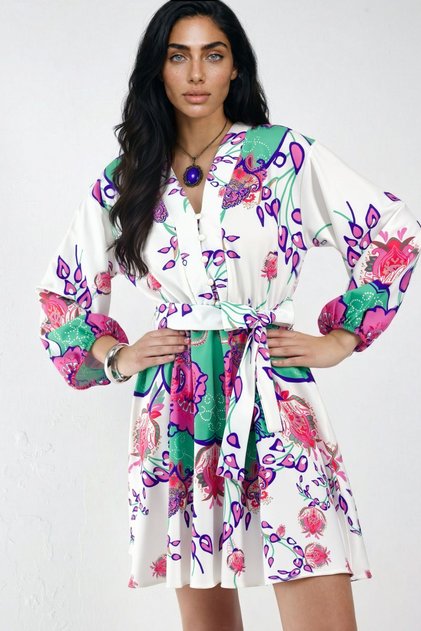 Msn Floral Pattern V-Neck A-Line Belted Mini Dress