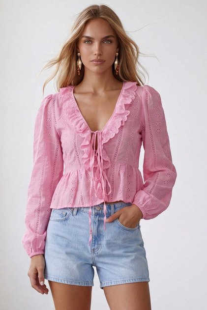 Women's Pink Ruffle Detailed Lace-Up Front Guipure Blouse Alc-X15527