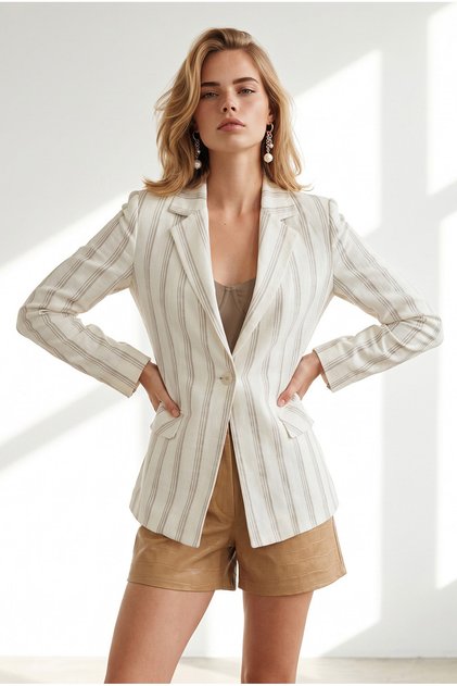 Women's Ecru Striped Lined Linen Blazer Jacket Ckt-19000535