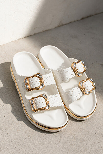 White Stylish Stoned Gold Detailed Women's Slippers with Double Buckle Comfortable Lightweight Orthopedic Sole E-490