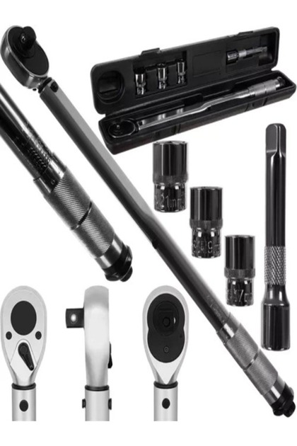 Cheie dinamometrica 1/2", reglaj 28-210 Nm, cap clichet reversibil, set tubulare 17/19/21 mm, extensie inclusa, 47 x 4.5 cm, otel, Argintiu