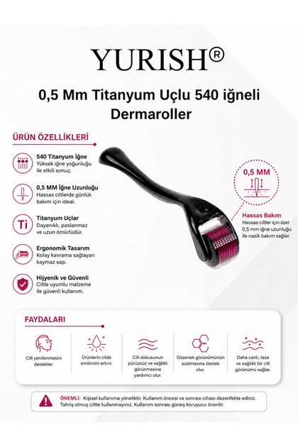 Dermaroller 0.5 Mm Ekonomik – 540 Iğneli Cilt Yenileyici Roller Saç ve Vücut Yenileyici Terapi Seti