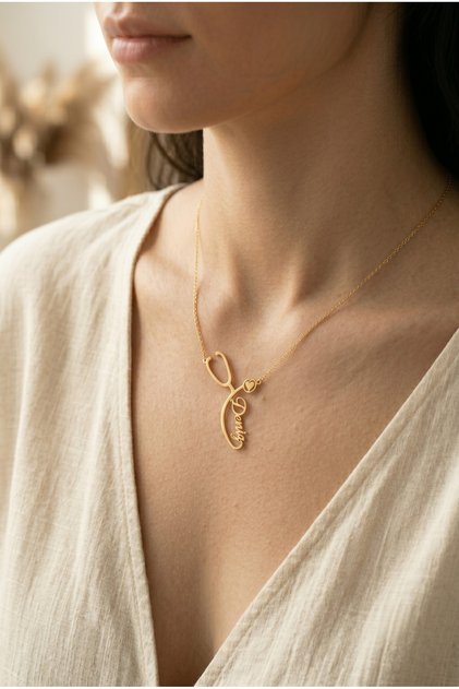 925 Ayar Gümüş Kişiselleştirilebilir İsimli Stetoskop Gold Rengi Kolye