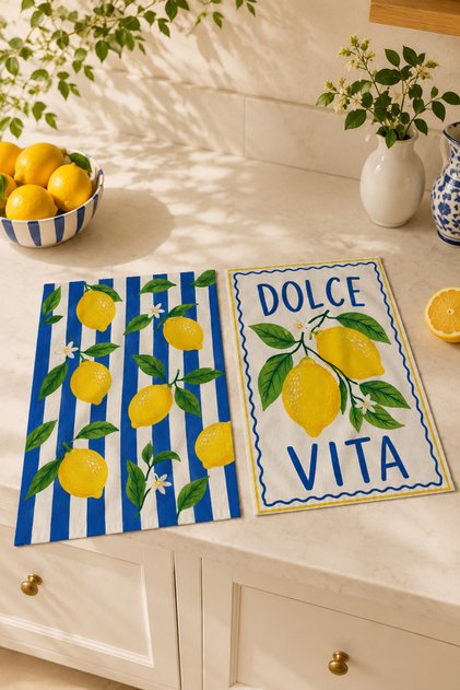 Dolce Vita Limon ve Mavi Çizgili Akdeniz Mutfak Desenli Modern Şık 2'li mutfak havlu seti 35x55