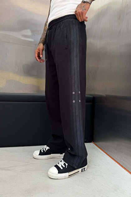 Men's Sweatpants Stripe Detail Six Black Oversize Baggy