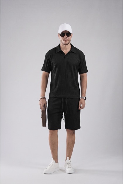 Set pantaloni scurți pentru bărbați Trend Biz, cu guler polo, jacquard, croială normală