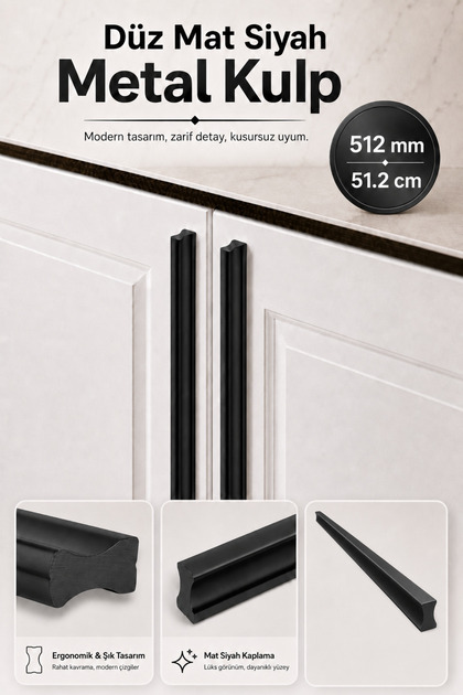Özen 512 mm 51.2 cm Düz Mat Siyah Mobilya Kulp Uzun Çekmece Dolap Kapak Kulpu Modern Metal Tasarım