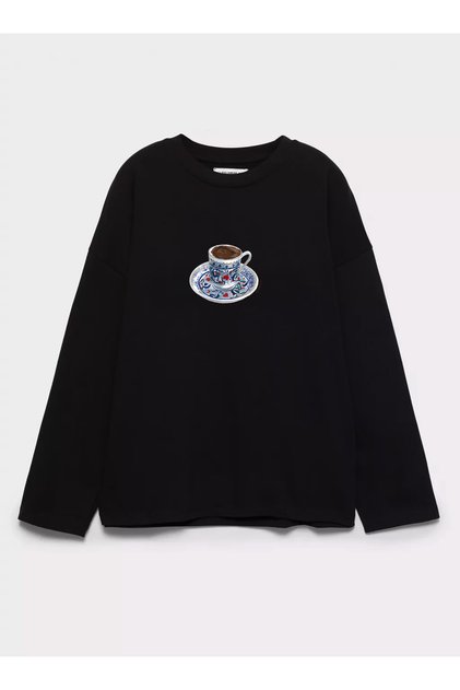%100 Pamuk Oversize Fit Turkish Coffee 2 Baskılı - Bisiklet Yaka Uzun Kollu T-shirt