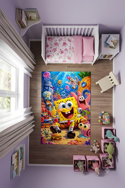 Sünger Bob Kare Şort Desenli Makinada Yıkanılabilir Kaymaz Taban Çocuk Odası Halısı