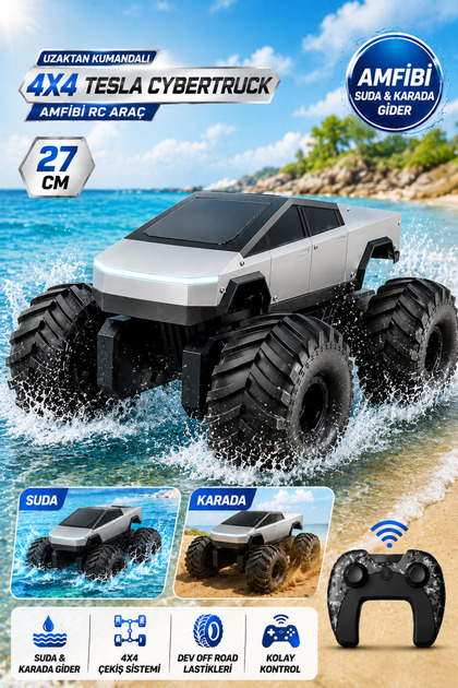 Uzaktan Kumandalı 4X4 Amfibi Tesla Cybertruck RC Araba 27cm – Suda ve Karada Giden Şarjlı Off Road Arazi Aracı