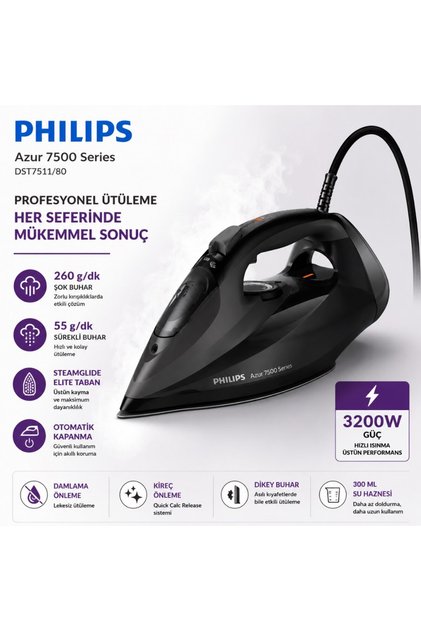 7500 Serisi Azur Buharlı Ütü, 3200W, 260 g'a kadar Turbo Şok Buhar,